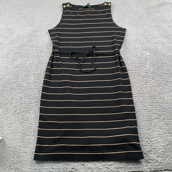 Lauren Ralph Lauren Dress Womens Large Black Gold Striped Sleeveless Tie - Picture 2 of 8
